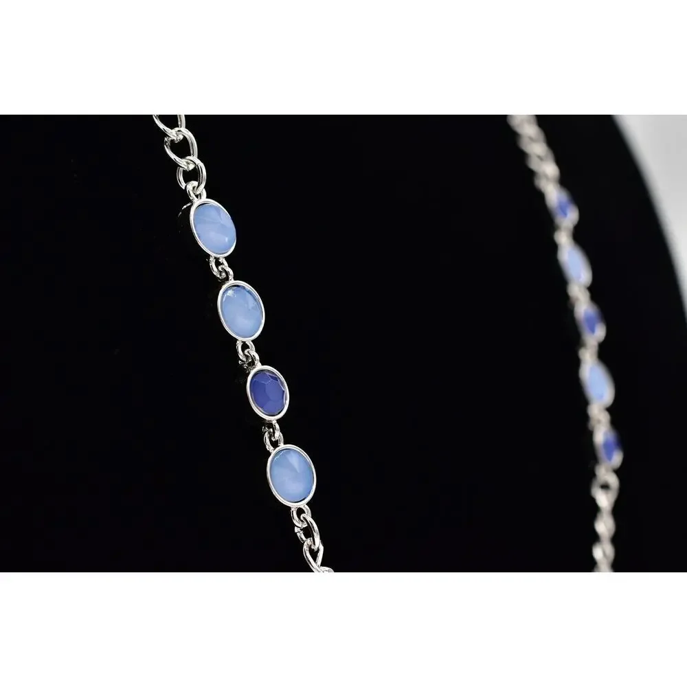 Vintage Station Chain Necklace Sky Blue Crystal Silver Tone Long Y2K BinBJ